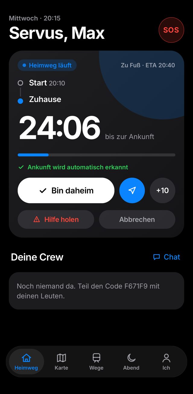 Heimweg-App: ein laufender Heimweg mit Countdown bis zur Ankunft